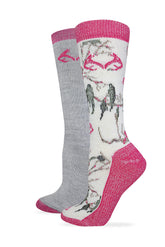 Realtree RT women's merino boot socks in fuchsia camo offer all-day comfort and warmth.
