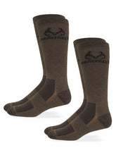 Realtree Ultra-Dri brown crew socks 2-pack keep feet dry and comfortable during outdoor wear.