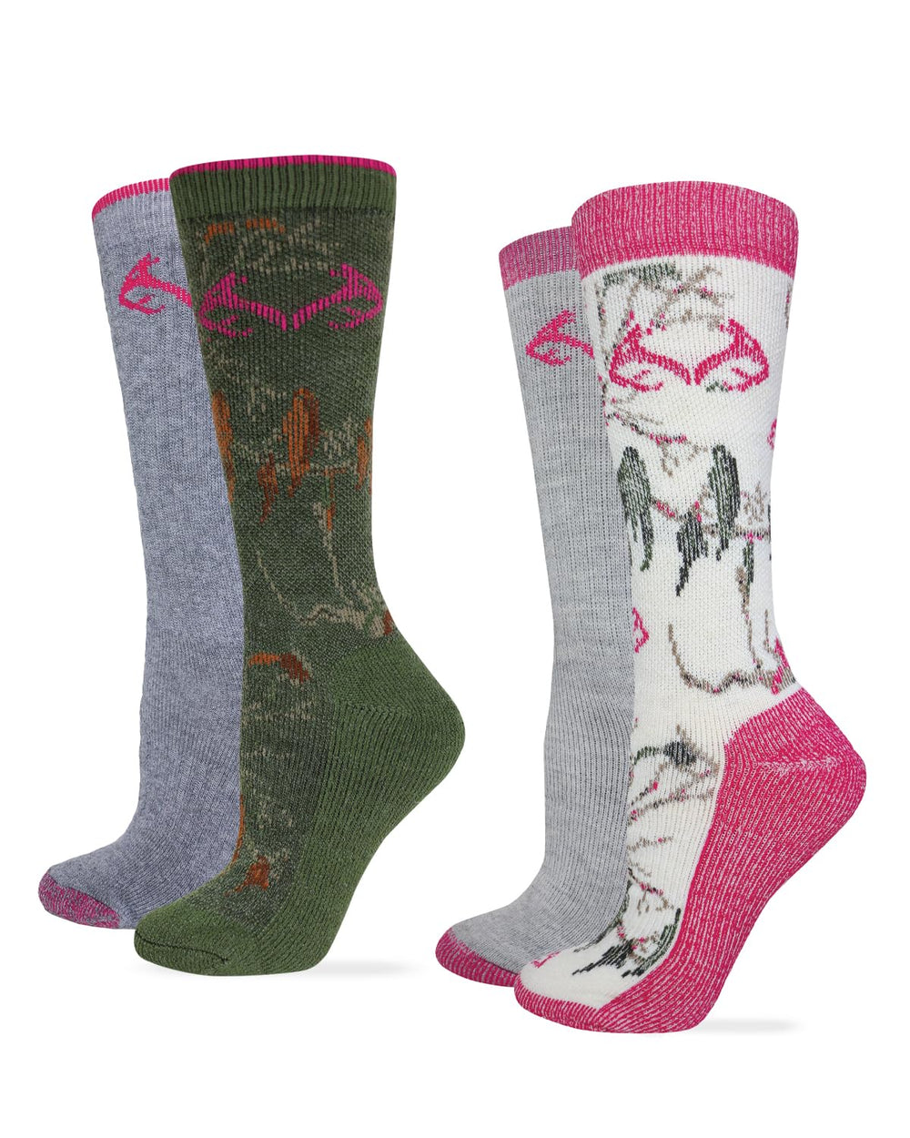 Realtree women's merino cushion socks olive-black camo front view for all-day comfort.