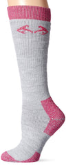 Realtree women's tall boot socks in grey with stay-put top for secure wear during outdoor activities