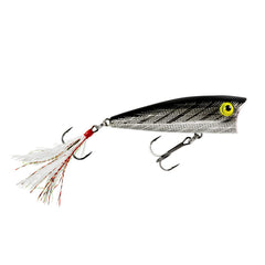 Rebel Pop-R feather tail lure in silver black designed for enticing bass on surface