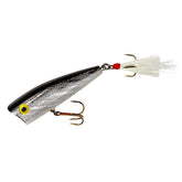 Rebel Pop-R topwater lure in silver and black, front view for casting accuracy.