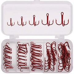 Red treble hooks in clear tackle box, 50 pieces