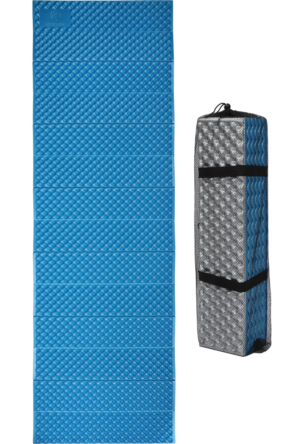 REDCAMP foldable foam camping pad in royal blue provides portable comfort for hikers.