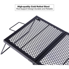 Redcamp folding campfire grill over-fire setup supports outdoor meals.
