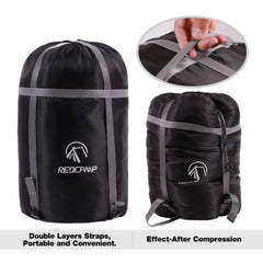 REDCAMP L sleeping bag stuff sack on backpack for easy trail transport.
