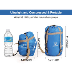 REDCAMP ultra-light sleeping bag blue with compression sack for easy packing.