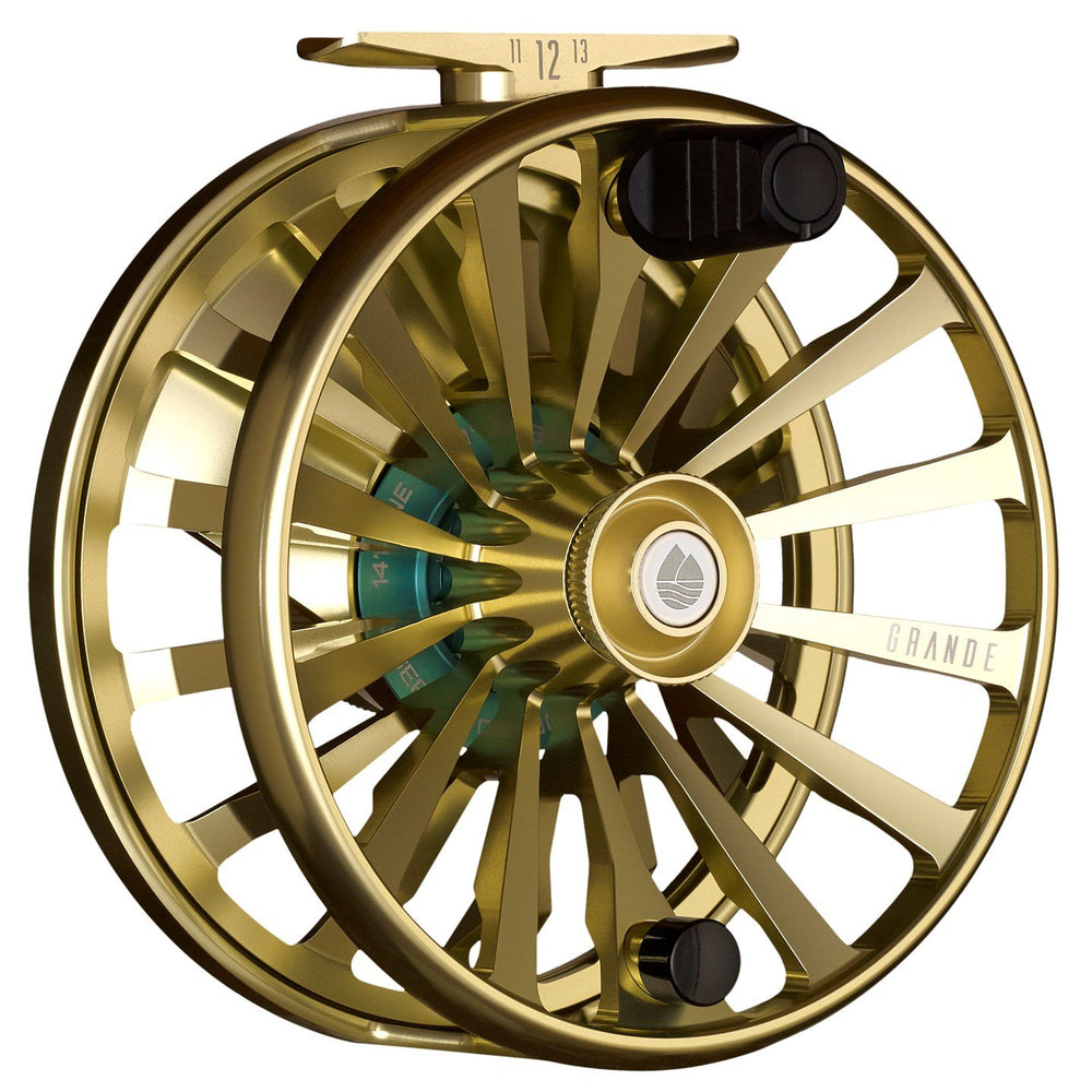 Redington Grande reel front view highlighting durable aluminum body for dependable balance.