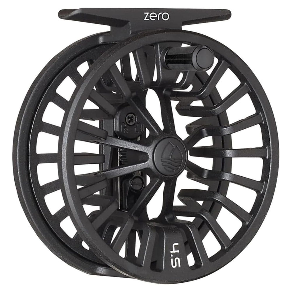 Redington ZERO fly reel matte black body shows lightweight design for easy trout fishing in tight streams.