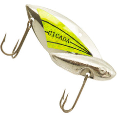 Reef Runner Cicada Lure half-ounce in silver chartreuse attracts bites with strong vibration