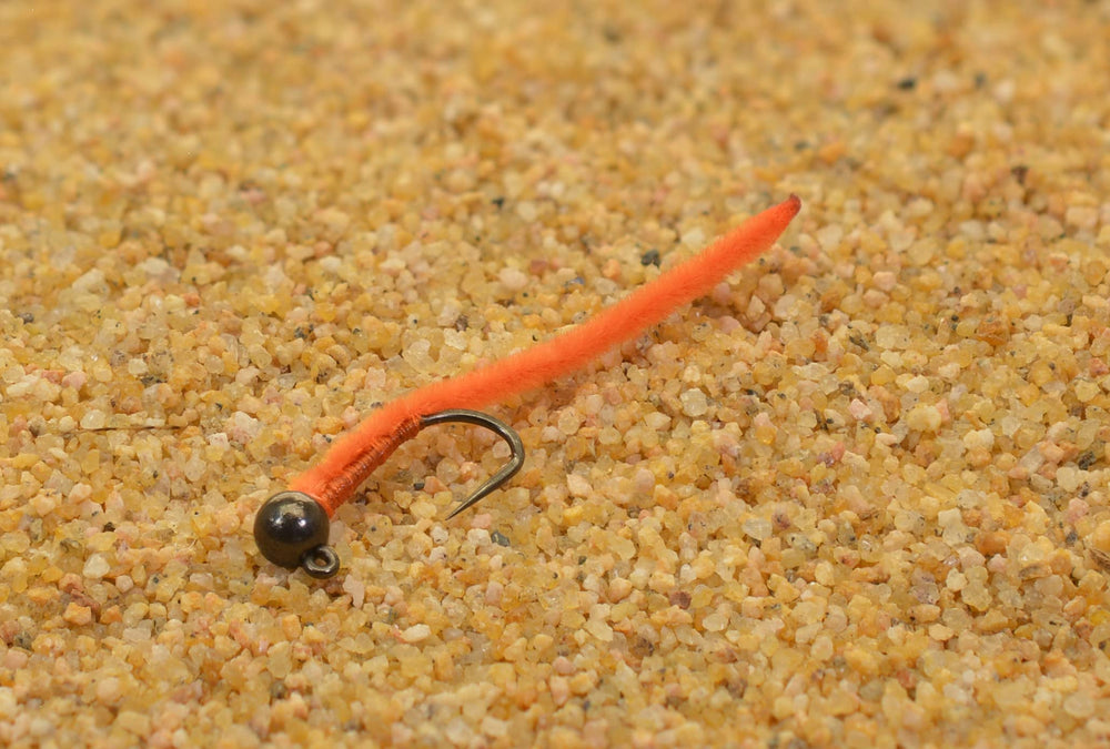 Region Fishing 6-flies orange San Juan Worm Jig Head, optimized for quick feeding-lane hits