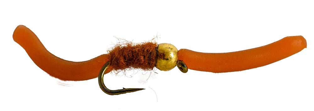 Region Fishing Tungsten Bead Squirmy Worms brown six-fly set on #12 hooks for fast sinking.