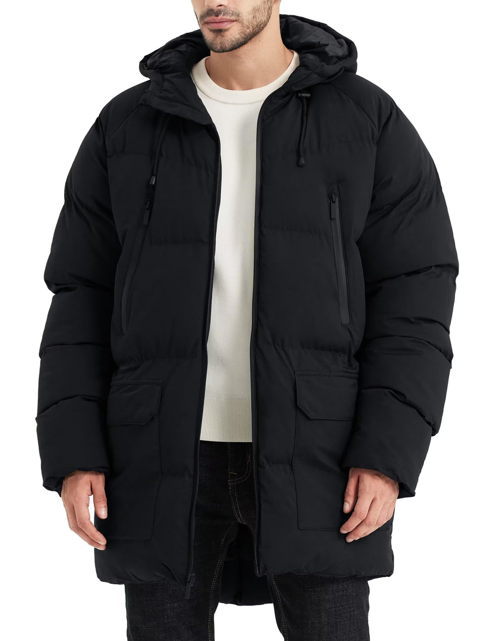 Rejork men's long winter coat hooded front view shows warmth and wind protection.