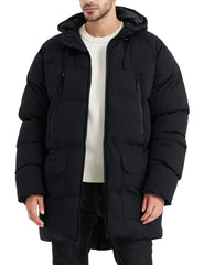 Rejork men's long winter coat hooded front view shows warmth and wind protection.