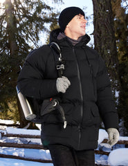 Rejork men's long winter coat hooded side view shows extended coverage for cold commutes.