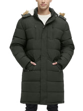 Rejork men's extra long fleece puffer jacket front view shows warm, windproof protection.
