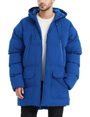 Rejork men's long winter coat front view in royal blue showing warm, wind-shielding design.
