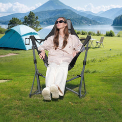 RELAX FIELD Hammock Camping Chair deployed swinging position for outdoor lounging.