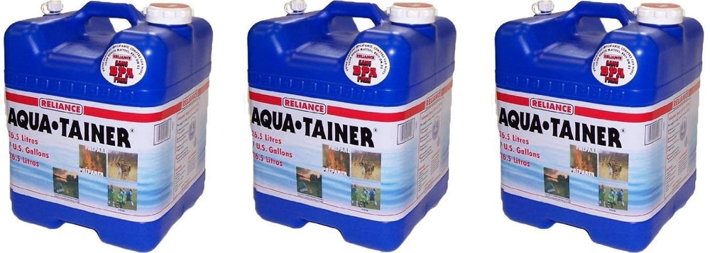 Reliance Aqua-Tainer 7-gallon container highlights rectangular design for space-saving storage and stacking.