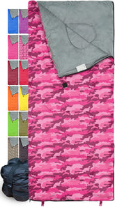 REVALCAMP pink-camo sleeping bag front view for versatile indoor and outdoor use.