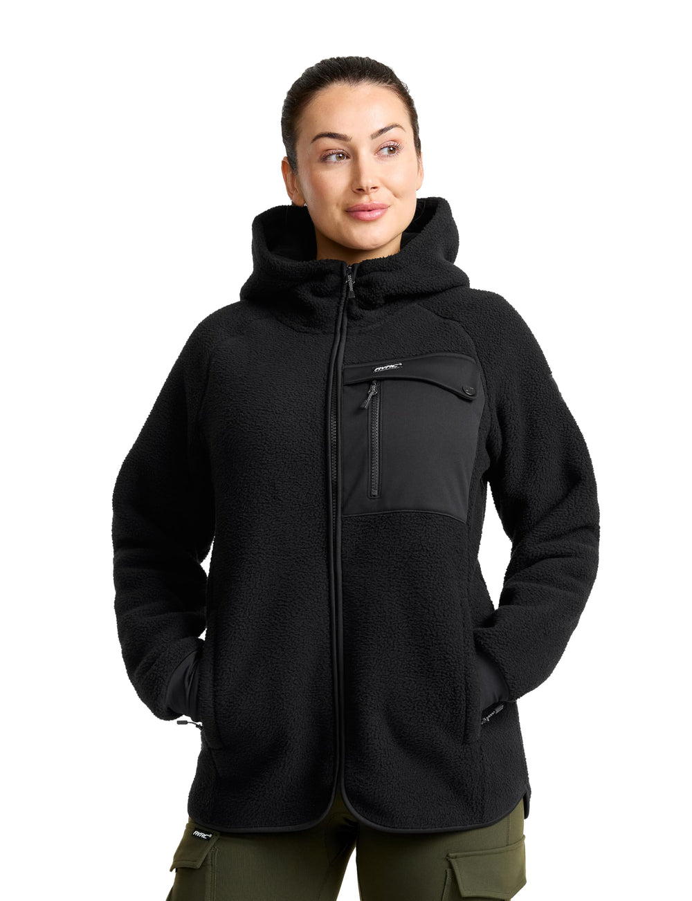 RevolutionRace Sherpa Hoodie for Women front view shows warm outerwear for chilly hikes