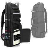 Rexmica fishing rod backpack side slots showing eight-rod capacity for organized transport.