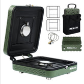 RexTact 2-burner stove folded in carrying bag for easy transport.