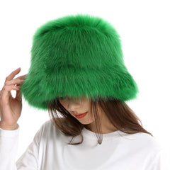 Reyox green bucket hat top view highlights soft faux fur warmth