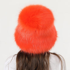 Reyox women winter fuzzy bucket hat orange side view, versatile outdoor accessory.