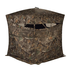 Rhino Blinds R150-RTE front view shows roomy three-person shelter in Realtree Edge camo