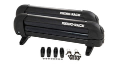 Rhino-Rack 13-Inch carrier on a vehicle roof, securing skis and snowboards for safe travel