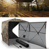 Rhino Valley hunting blind provides 270° view through mesh panels for all-around awareness
