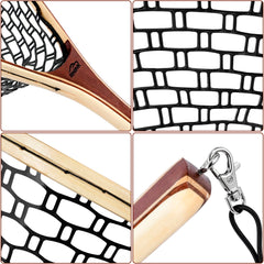 RHINR landing net features wooden handle and black net for steady, comfortable use.