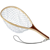 RHINR landing net with wooden handle for a comfortable trout grip.