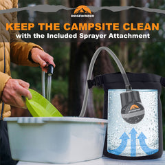ridgewinder rechargeable battery powers the shower for flexible camping use