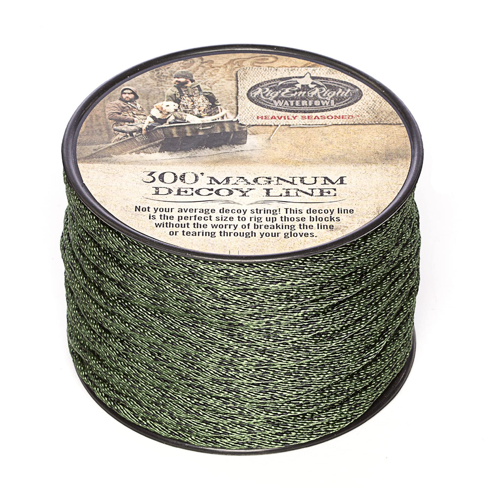 Rig'Em Right dark green Magnum decoy line on a 100ft spool, durable for field setups.