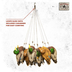 Looped end storage with spring clip keeps decoys ready and organized.