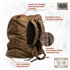 Rig'Em Right Recon decoy bag shows mesh bottom for quick drainage after muddy retrieves.