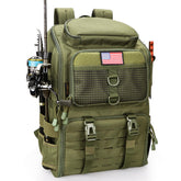 Rillrun fishing backpack with multiple compartments and rod holders