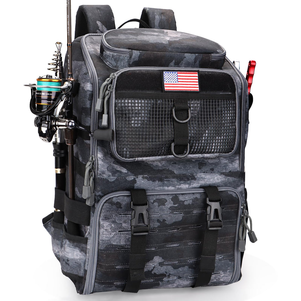 Rillrun fishing backpack with rod holders for easy on-water rod management