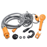 Riloer portable camping shower in use as an outdoor handheld clean after a hike