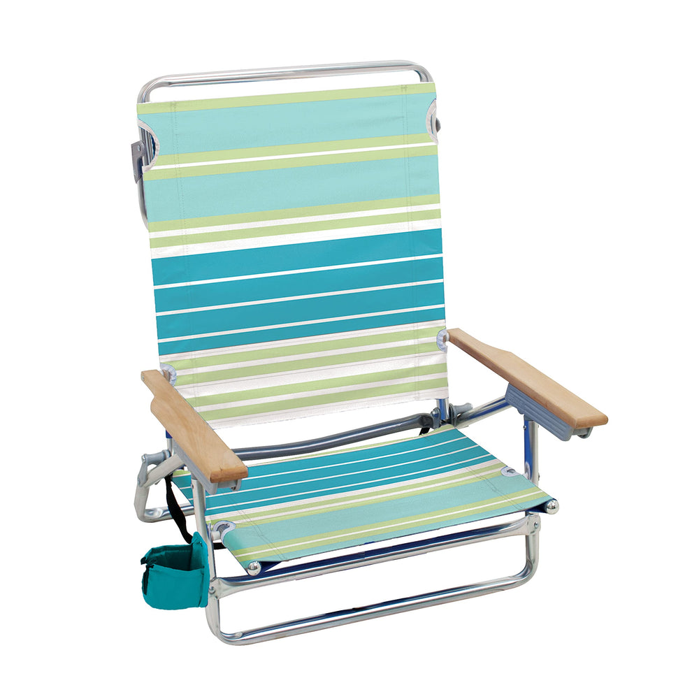 Rio Brands Classic Lay Flat chair in green stripes, lightweight portability for sunny beach days.