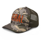 RIVEMUG camo feral trucker hat front view with adjustable fit for comfort.