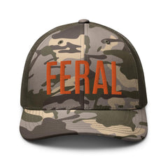 RIVEMUG camo feral trucker hat side profile shows breathable mesh back.