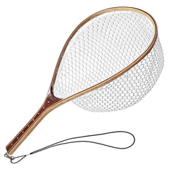 Riverruns long wooden net handle with measuring dots for precise catch-length checks.