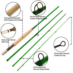 Riverruns S-Glass rod showing burl wood reel seat in bright light