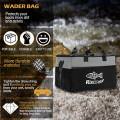 Riverruns wader bag with boots compartment demonstrates high capacity