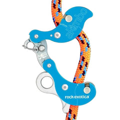 Rock Exotica Akimbo mid-line attachment enables quick mid-rope setup during climbs.