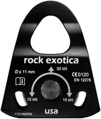 Rock Exotica Machined Pulley close-up with recessed axle for snag-free rigging.