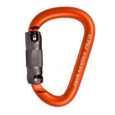 Rock Exotica Pirate auto-lock carabiner with HMS pear shape enables secure climbs and gear setup.